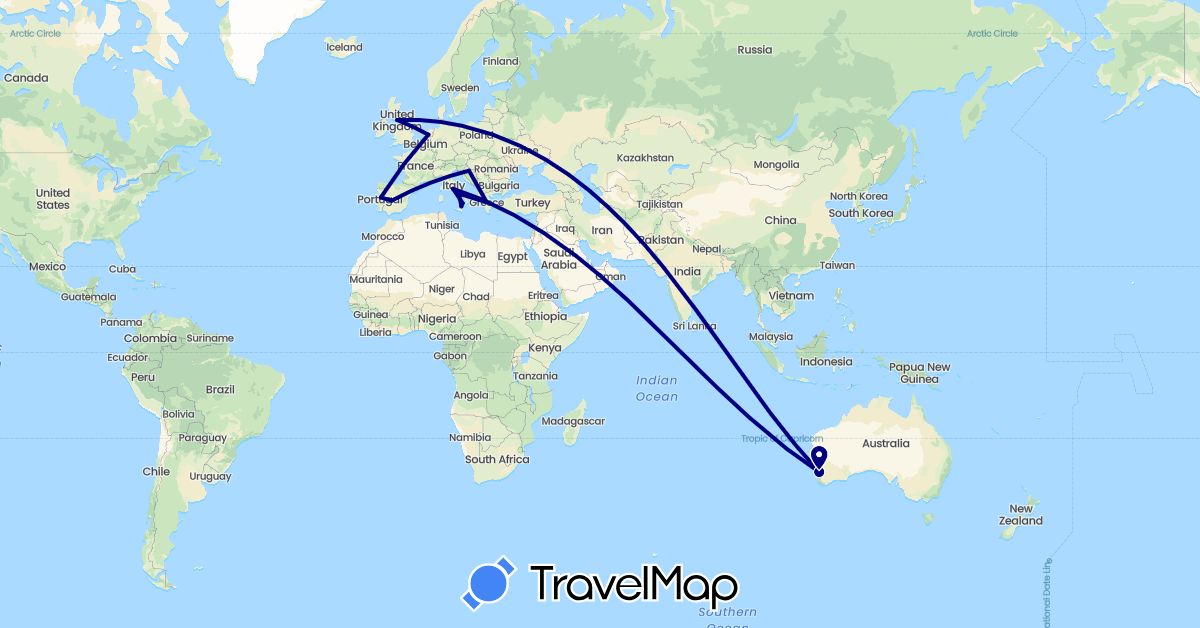 TravelMap itinerary: driving in Australia, Spain, United Kingdom, Greece, Croatia, Italy, Netherlands, Portugal (Europe, Oceania)